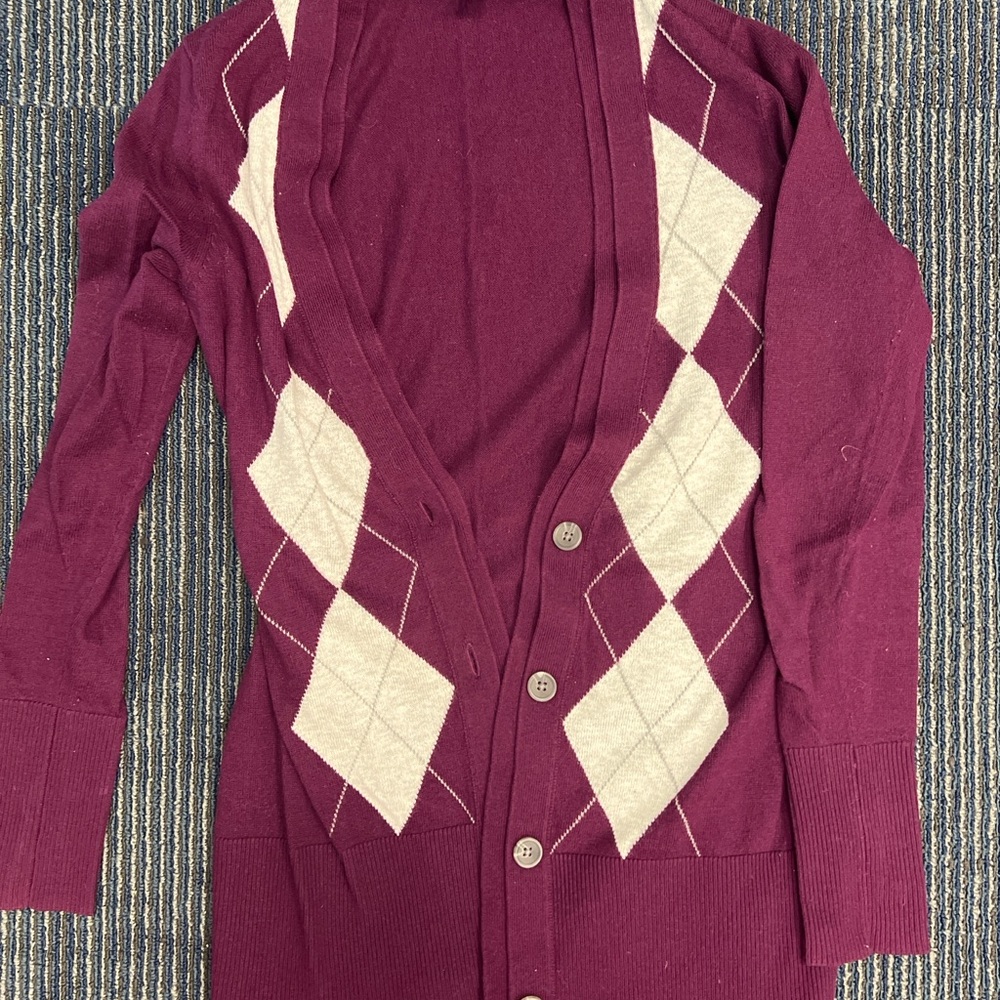 Women's Burgundy Argyle Cardigan Sweater